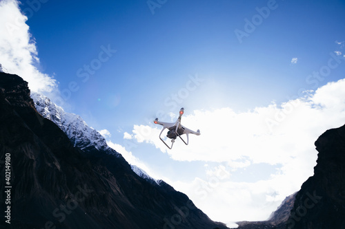 Flying drone taking picture of high altitude mountains in Tibet,China