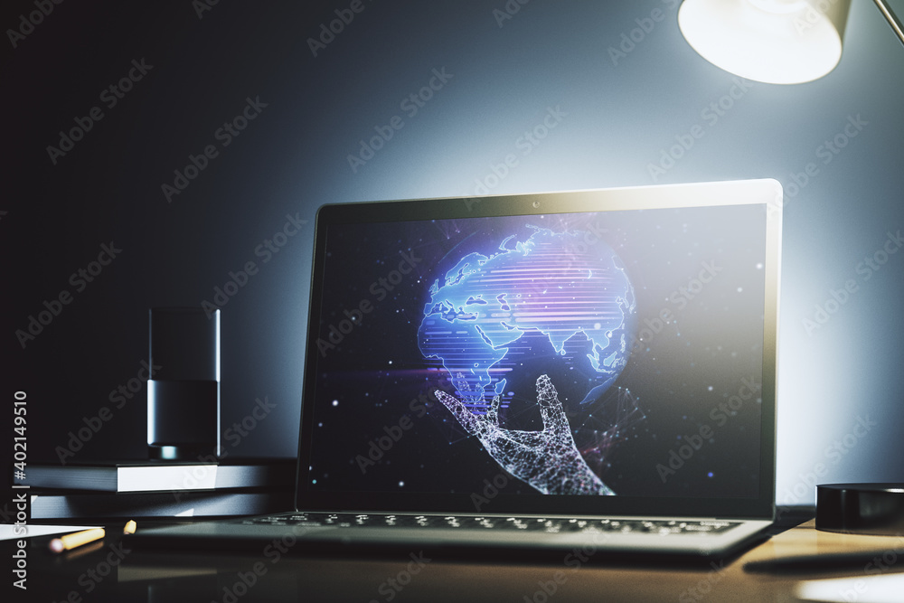 Fototapeta premium Modern computer screen with abstract creative digital world map, research and analytics concept. 3D Rendering