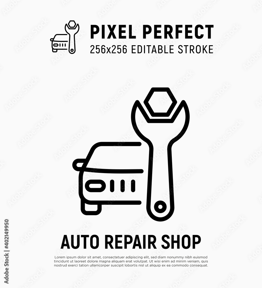 Car repair shop: auto with wrench. Car service. Pixel perfect, editable stroke. Thin line icon. Vector illustration. Car repair shop: auto with wrench. Car service. Pixel perfect, editable stroke. Thin line icon. Vector illustration.