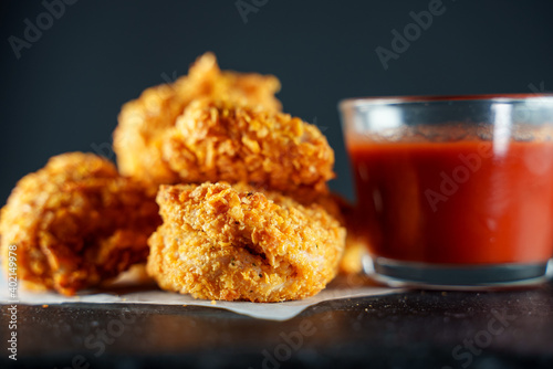 Fried crispy chicken nuggets with ketchup.