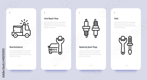 Car service mobile user interface with thin line icons: auto repair shop, road assistance, tools, replacing spark plugs. Pixel perfect, editable stroke. Vector illustration.
