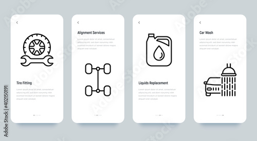 Car service mobile user interface with thin line icons: car alignment, liquids replacing, tire fitting, car wash. Pixel perfect, editable stroke. Vector illustration.