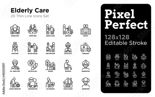 Nursing home for elderly people thin line icons set. Assisted living for disabled, volunteers help and support. Long-term service. Pixel perfect, editable stroke. Vector illustration.