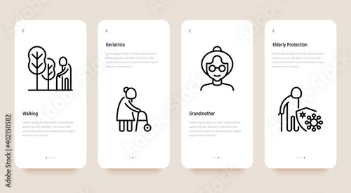Nursing home for elderly people mobile user interface with thin line icons. Assisted living for disabled. Long-term service. Pixel perfect, editable stroke. Vector illustration. photo