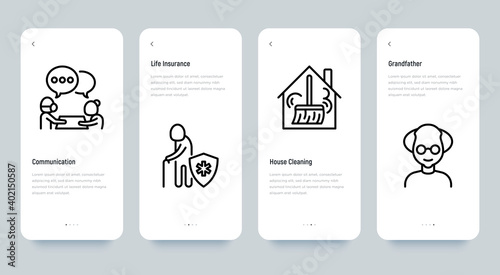 Nursing home for elderly people mobile user interface wtih thin line icons. Assisted living for disabled, communication, cleaning. Pixel perfect, editable stroke. Vector illustration.