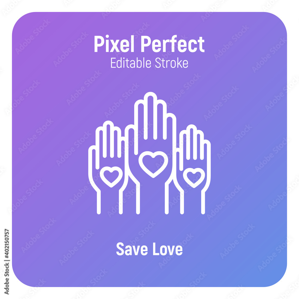 Obraz premium Rising hands with hearts on palms. Rating, voting, charity, satisfaction. Pixel perfect, editable stroke. Thin line icon. Vector illustration.