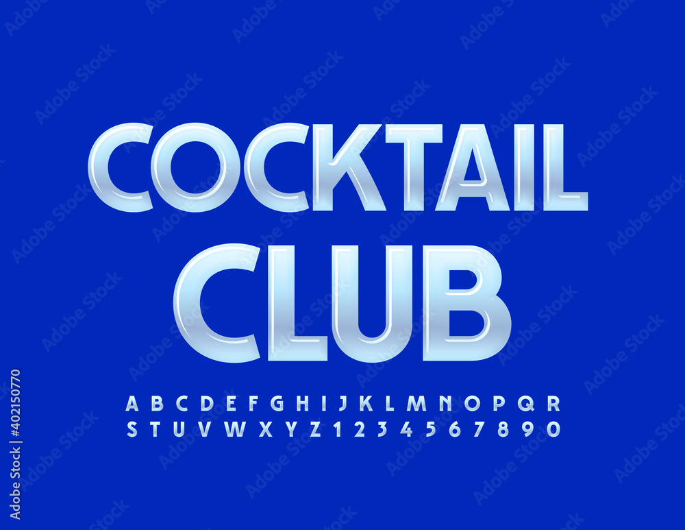 Vector modern emblem Cocktail Club. White glossy Font. Elegant Alphabet Letters and Numbers set