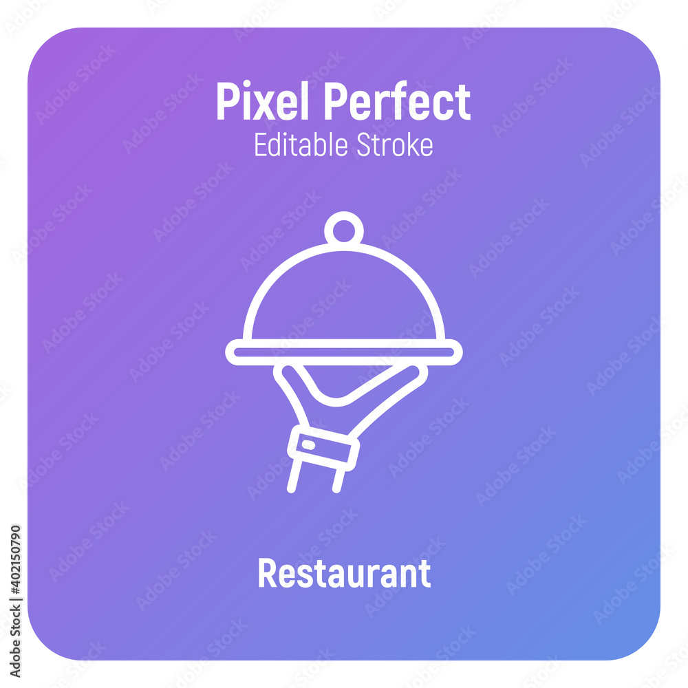 Food service thin line icon: cloche in waiter's hand. Pixel perfect, editable stroke. Vector illustration of restaurant delivery. Food service thin line icon: cloche in waiter's hand. Pixel perfect, editable stroke. Vector illustration of restaurant delivery.