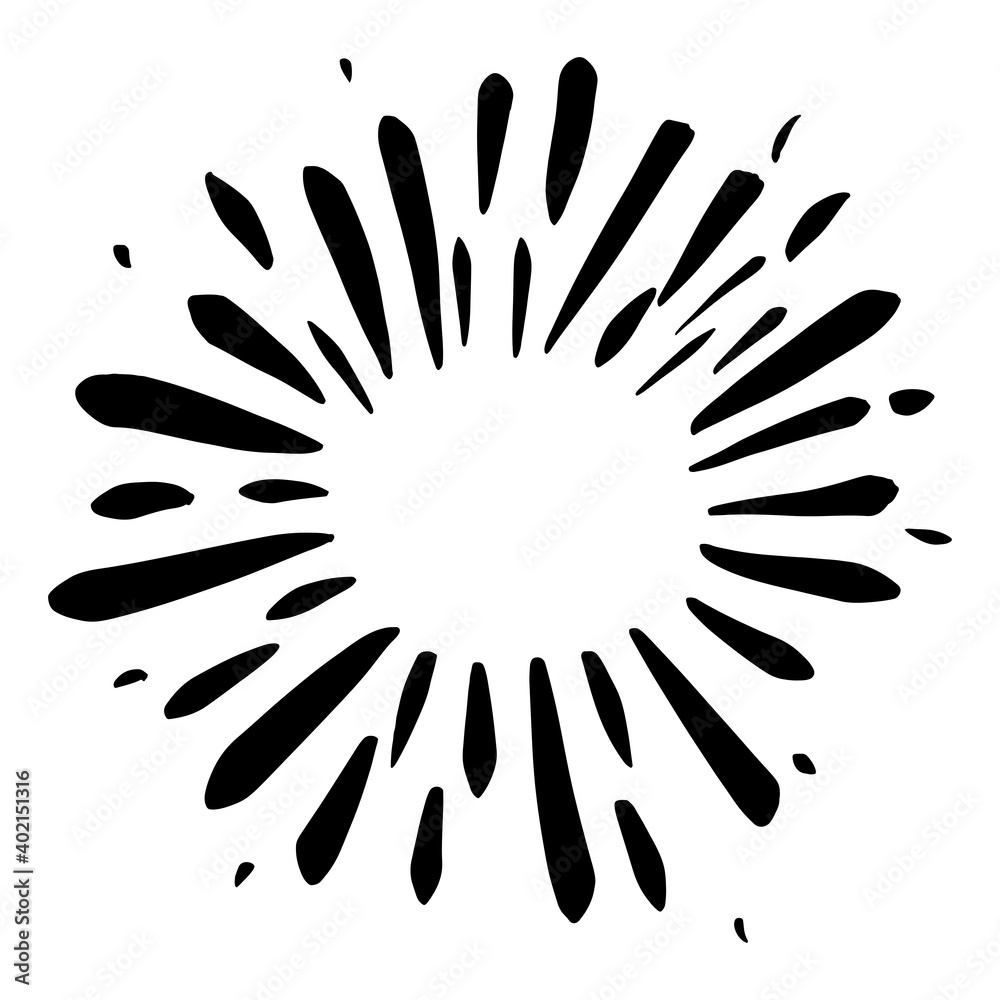Starburst, sunburst hand drawn. Design Element Fireworks Black Rays. Comic explosion effect. Radiating, radial lines. Starburst, sunburst hand drawn. Design Element Fireworks Black Rays. Comic explosion effect. Radiating, radial lines.