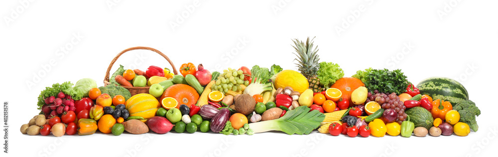 Assortment of fresh organic fruits and vegetables on white background. Banner design Assortment of fresh organic fruits and vegetables on white background. Banner design