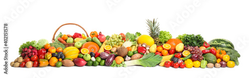 Fototapeta Naklejka Na Ścianę i Meble -  Assortment of fresh organic fruits and vegetables on white background. Banner design