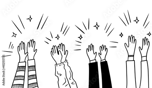 Hand Drawn sketch style of applause, thumbs up gesture. Human hands clapping ovation. on doodle style, vector illustration.