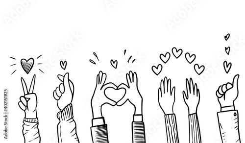 Hand Drawn sketch style of applause, thumbs up gesture. Human hands clapping ovation. on doodle style, vector illustration.