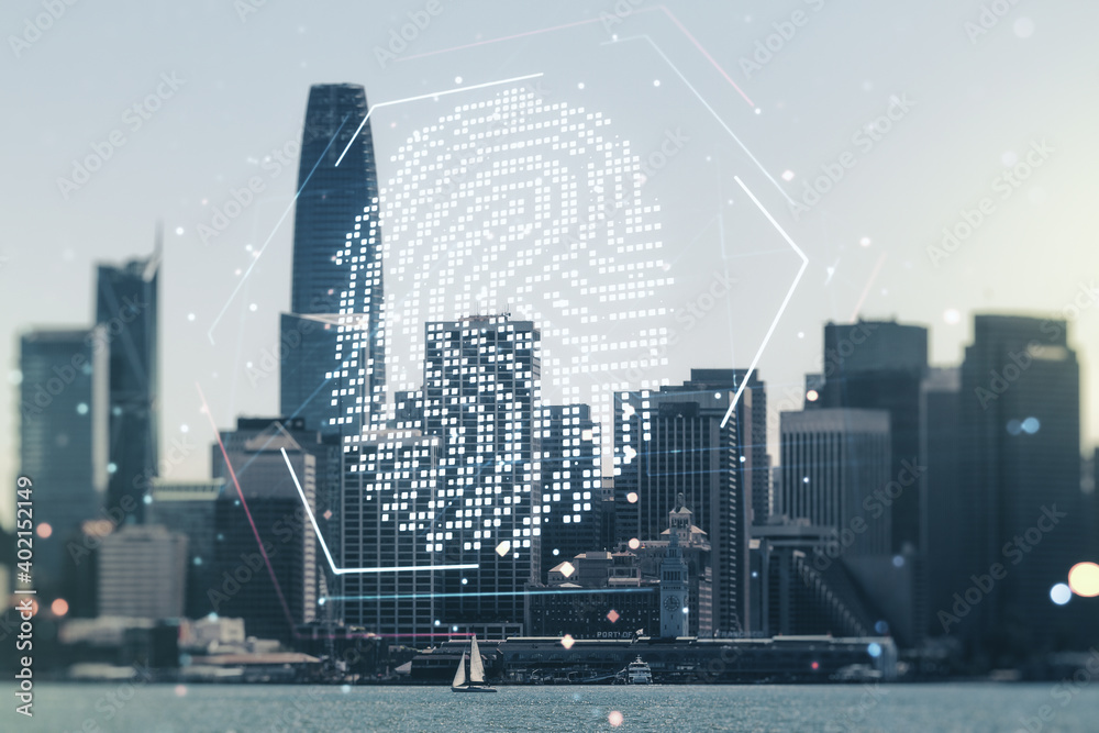 Obraz premium Multi exposure of virtual abstract fingerprint illustration on San Francisco city skyline background, digital access concept