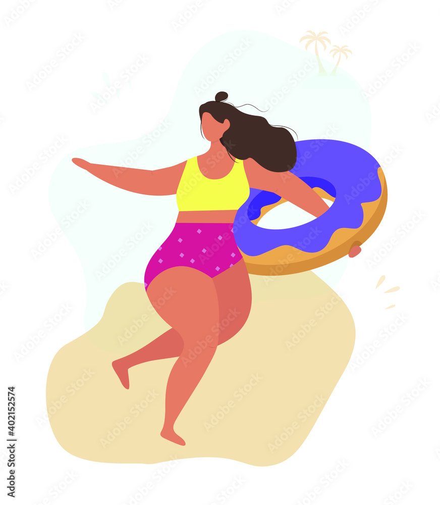 Girl holding swim ring on the beach. Happy woman is running along the coast. On beach Background with palm and blue sky. Wearing swimsuit. Young woman is holding violet ring.Vector Illustration