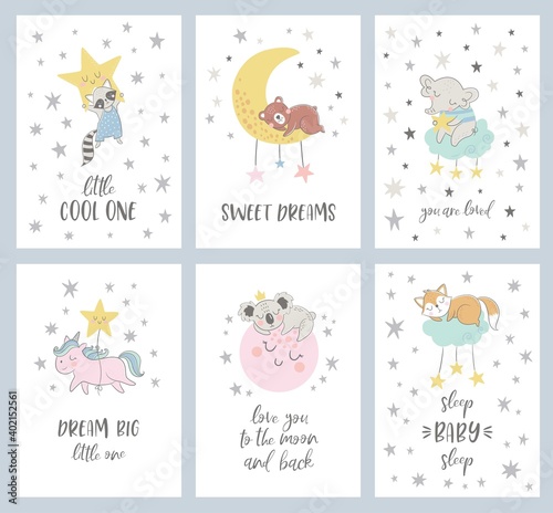 Vector set of six night cards with cute cartoon characters and phrases. Beautiful posters for baby rooms or bedroom. Childish backgrounds with moon, stars, cloud.