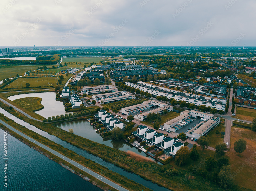 Aerial drone shot of the suburban in the Netherlands
