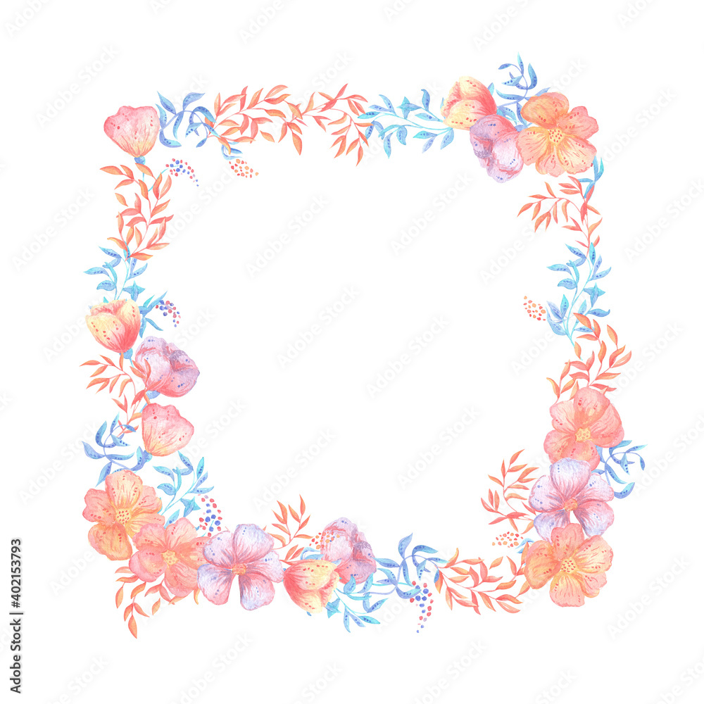 illustration of a watercolor square frame of flowers and plants of pastel colors orange, turquoise, purple. for the holiday of saint valentine, birthday, mother's day. for design, postcards, albums