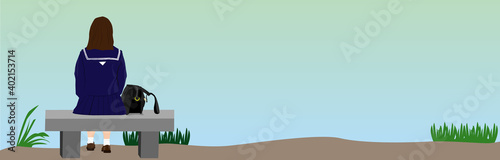 Back view of a high school girl sitting on a bench. background material, vector illustration, graphic, landscape, web banner, web header, background, real, uniform, woman, 