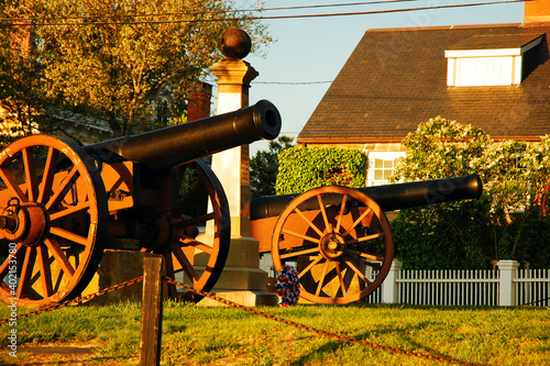 Cannons stand on a town green in Stonington, Connecticut photo