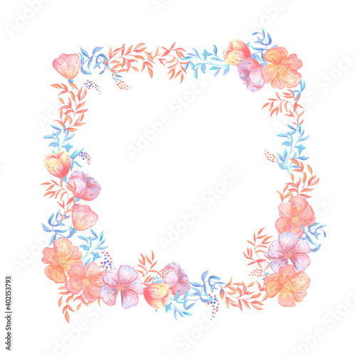 illustration of a watercolor square frame of flowers and plants of pastel colors orange, turquoise, purple. for the holiday of saint valentine, birthday, mother's day. for design, postcards, albums