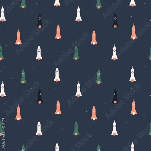 Rocket ship in the open space. Vector element of seamless pattern