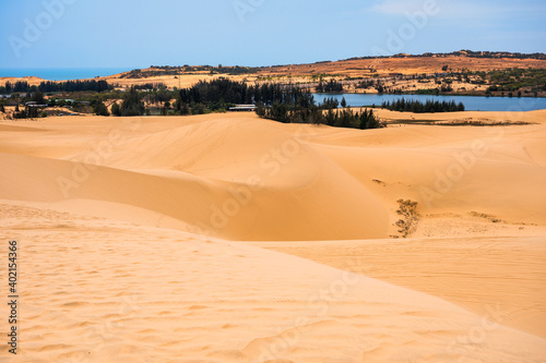 Brown sand dune and blue sky in the desert
