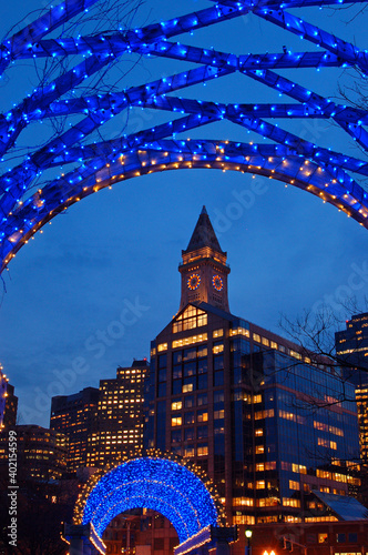 Christmas lights in Boston frame the Custom House