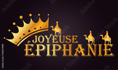 carte ou bandeau sur Joyeuse épiphanie en or avec une couronne et des chameaux en or sur un fond noir