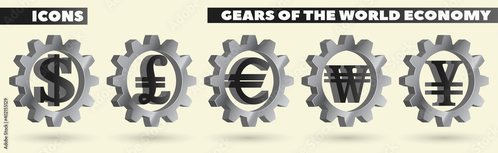 Icons. Set. Gears of the world economy. 3d currency signs. US Dollar, British Pound, European Euro, Korean Won and Japanese Yen. EPS10 Icons. Set. Gears of the world economy. 3d currency signs. US Dollar, British Pound, European Euro, Korean Won and Japanese Yen. EPS10