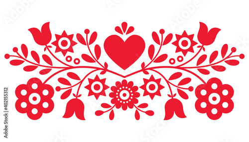 Fototapeta Naklejka Na Ścianę i Meble -  Polish retro folk art vector design with flowers and hearts perfect for Valentine's Day greeting card or wedding invitation