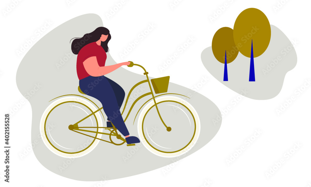 Girl is riding bicycle on gray background. Flat female character is wearing T-shirt and jeans on bicycle. Vector illustration.