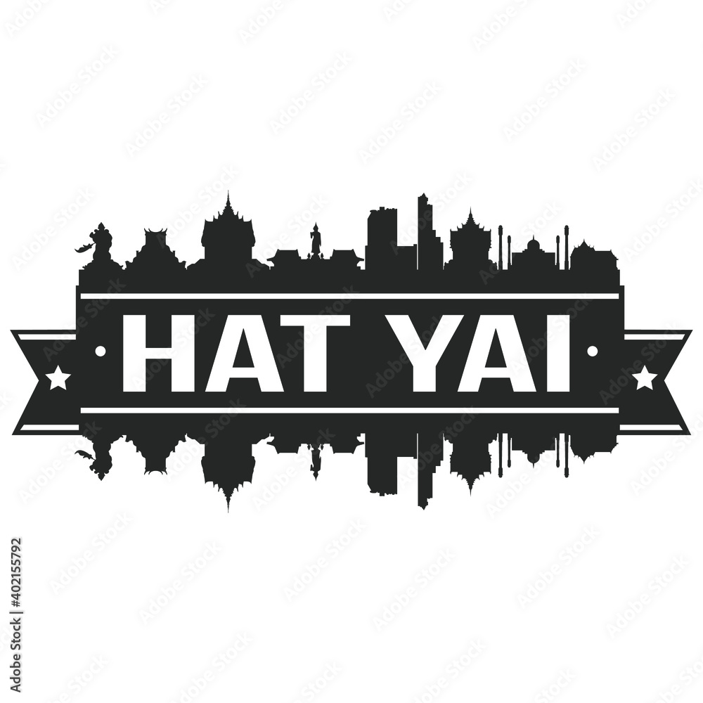 Hat Yai Thailand Thai Skyline Silhouette Design City Vector Art Famous Buildings Stamp Stencil.
