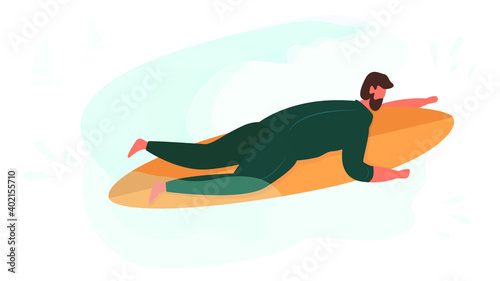 Guy on surfboard in sea. Young man surfer which surfing on big blue wave in wetsuit. Summer activity. Modern vector illustration.