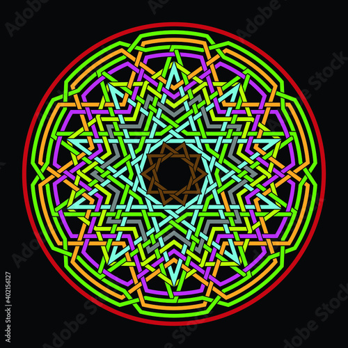 Celtic star Decagram vector pattern ornament with circular circle and floral geometric background inside single huge circular decagon lining vector background coloring book
