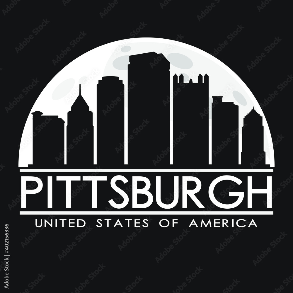Pittsburgh Full Moon Night Skyline Silhouette Design City Vector Art background Illustration.