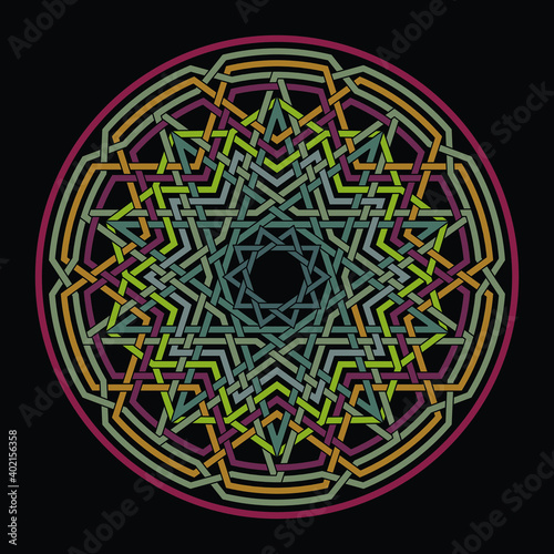 Celtic star Decagram vector pattern ornament with circular circle and floral geometric background inside single huge circular decagon lining vector background coloring book
