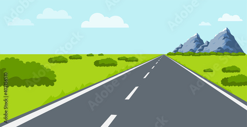 The road to nature. The road leads to natural landscapes with mountains, hills and green grass. Vector illustration.