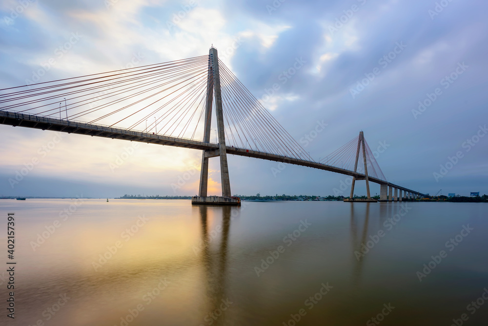 Rach Mieu cable-stayed bridge over Mekong River in sunrise, Tien Giang province, Vietnam.
Rach Mieu cable-stayed bridge over Mekong River in sunrise, Tien Giang province, Vietnam.
