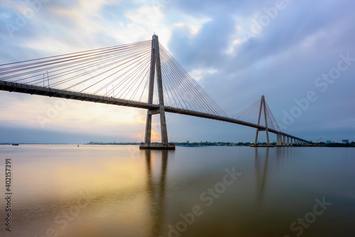 Rach Mieu cable-stayed bridge over Mekong River in sunrise, Tien Giang province, Vietnam. 