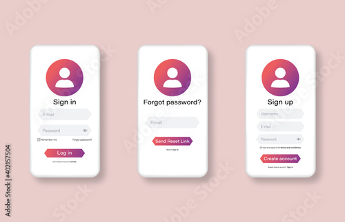 Login and Register form page. Login, registration and forgot password screens. Sign up form page. Vector