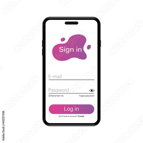 Web template and elements for registration and authorization on realistic smartphone. Login form page. Vector