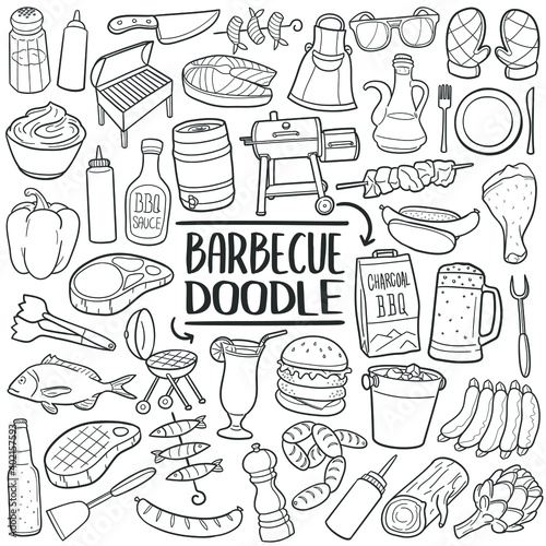Barbecue Food doodle icon set. BBQ Vector illustration collection. Party Hand drawn Line art style.