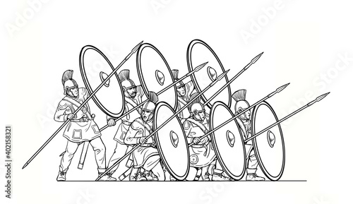 Late roman soldiers during the battle. Attack of the Roman army.  Outline drawing.	