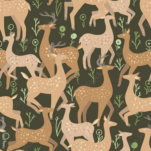 Cute dappled deer flat hand drawn vector seamless pattern. Colorful wallpaper in scandinavian style. Abstract forest animal background. Beautiful design for prints  wrap  textile  fabric  decor  card.