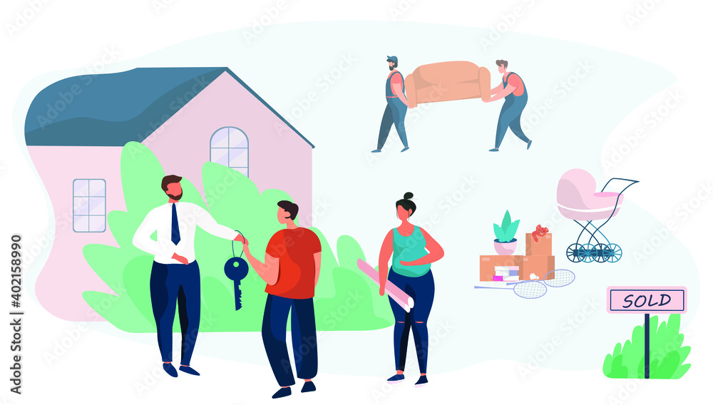 Home For Sale.Family Characters Buy New House.Realtor Gives Key to Family.Property Selling.Pregnant Girl.Moving Home.Moving Truck on Background.Relocation Process.Flat Vector Illustration 