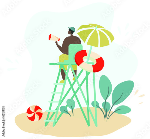 Lifeguard on the tower on the beach. Palm Trees, Summer, Beach. African boy, Professional rescuer sitting on lookout tower and with loudspeaker under the umbrella. Giant plants and ball.Flat Vector.