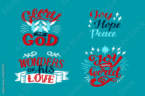 Set with hand lettering Bible verse Glory to God with angels, Joy the world.