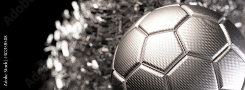 Soccer ball with Particles under Black Background. 3D sketch design and illustration. 3D CG. 3D high quality rendering. 