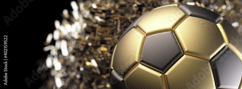 Soccer ball with Particles under Black Background. 3D sketch design and illustration. 3D CG. 3D high quality rendering. 